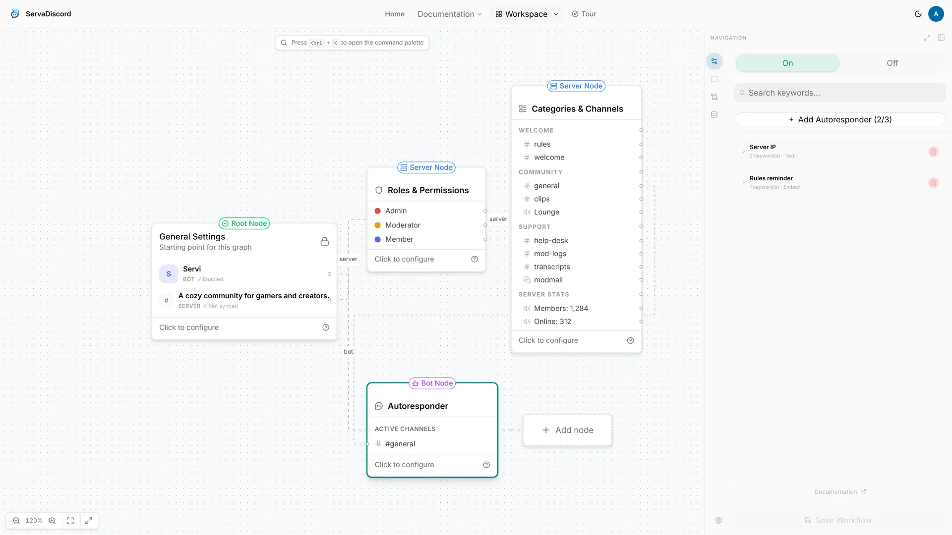 ServaDiscord workspace with the Autoresponder bot node and its configuration panel
