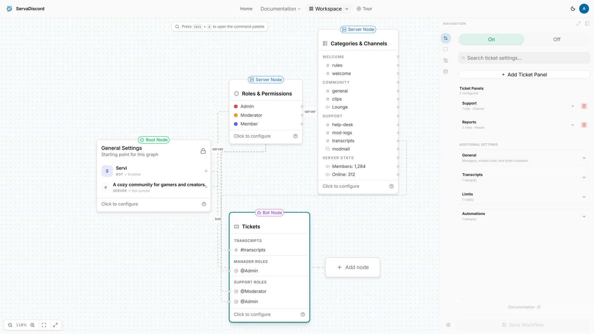 ServaDiscord workspace with the Tickets bot node and its configuration panel