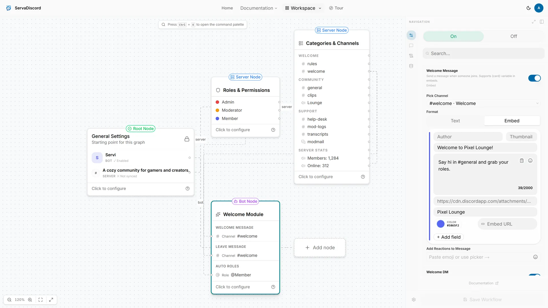 ServaDiscord workspace with the Welcome Module bot node and its configuration panel